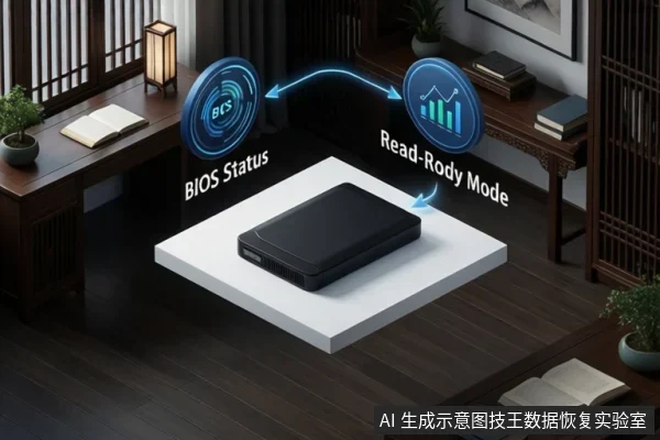 书房场景中,白色台面上放置一台黑色外置硬盘盒,上方悬浮两个蓝色图标,分别标注BIOS Status和Read-Only Mode,箭头指向硬盘。