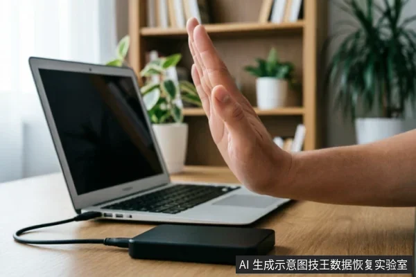 一只手掌在连接着笔记本电脑的黑色移动硬盘前做出明确的“停止”手势，示意拒绝操作。背景为模糊的书架与绿植，主体清晰展示了面对存储设备故障时，应停止通电、格式化等错误操作的警示含义。