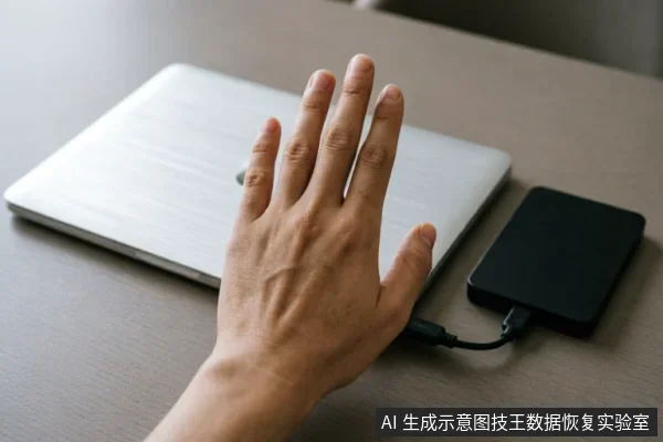 一只手掌悬停在闭合的银色笔记本电脑上方，做出停止或拒绝的手势。电脑侧面连接着一个黑色的外接移动硬盘，线缆处于连接状态。画面通过肢体语言传达出在数据恢复初期应停止操作、避免进一步写入以保护原始数据的止损原则。