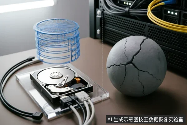 桌面上放置一块打开外壳的机械硬盘,连接着数据线和电源线。硬盘上方悬浮着一个蓝色的线框圆柱体数据库图标,右侧立着一个表面布满裂纹的灰色球体,背景为服务器机柜。