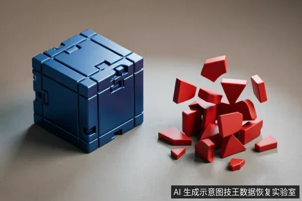 画面左侧为一个完整的蓝色金属质感立方体，象征未受损的存储设备或完整数据；右侧散落着大量破碎的红色几何碎片，象征因错误格式化导致的数据结构崩塌与元数据丢失。
