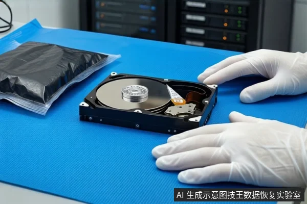 蓝色防静电垫上平放一块打开外壳的机械硬盘，露出盘片与磁头组件。左侧有一个黑色防静电袋。右侧一双戴白色手套的手平放在桌面上。背景可见模糊的服务器机柜。