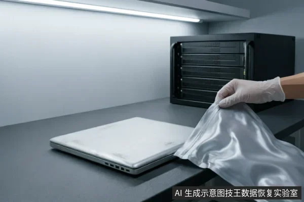 一只戴着白色防静电手套的手正拿着银色防静电屏蔽袋,准备将一台闭合的银灰色笔记本电脑放入其中。背景为深色操作台及黑色服务器机架设备,展示了专业维修环境中对故障设备进行物理隔离与静电防护的场景。