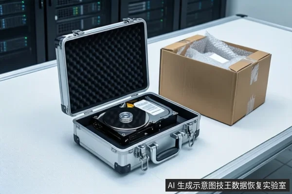 白色防静电桌面上，一个打开的银色金属防震箱内平放一块机械硬盘，右侧为装有气泡膜的棕色纸箱，背景为服务器机柜。