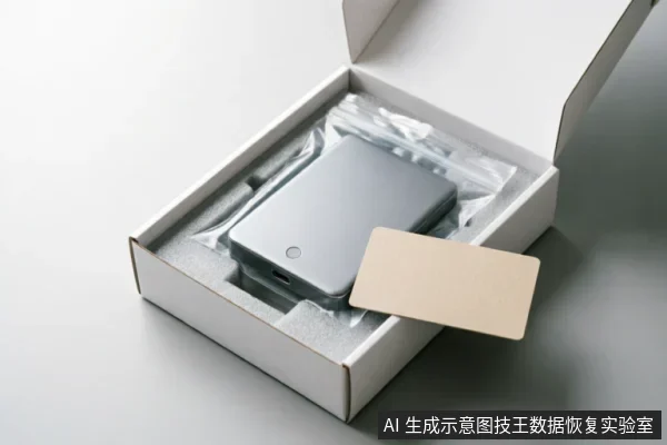 一个打开的白色包装盒内,放置着带有缓冲泡沫的银灰色移动硬盘,硬盘被透明塑料袋包裹,盒口处放有一张米色卡片。画面展示了设备寄修前的规范包装状态,突出了防震保护与附件附带的细节。