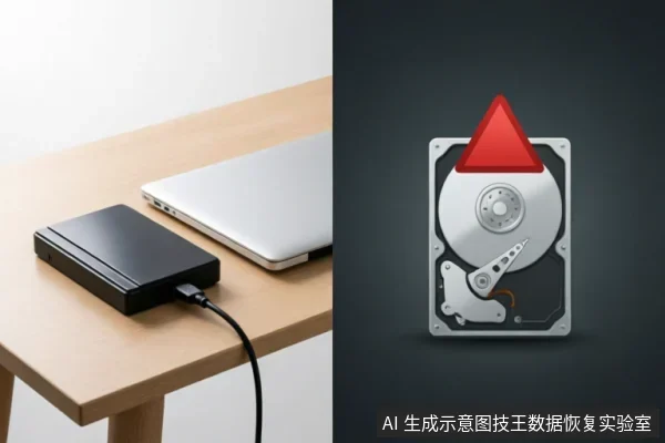 左侧为连接着笔记本电脑的黑色移动硬盘实物图,右侧为带有红色警告三角形的机械硬盘图标。图片直观展示了外部存储设备连接场景及系统识别故障的警示状态。