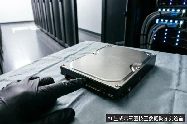 一只戴着黑色防静电手套的手正在检查放置在防静电垫上的机械硬盘接口,背景为服务器机柜。画面展示了专业数据恢复环境中对存储介质进行物理检测与连接评估的场景。