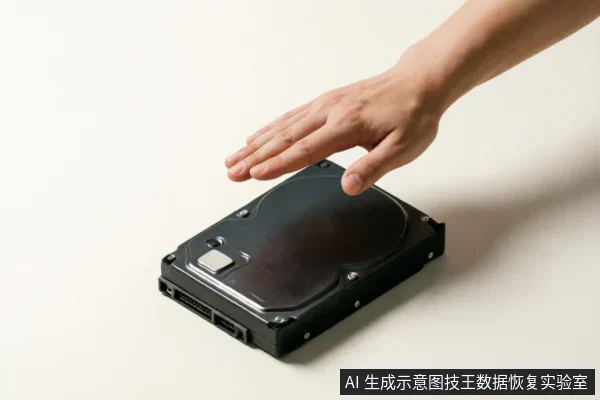 一只悬停在黑色机械硬盘上方的手,示意停止触碰或操作。画面主体为放置在白色背景上的3.5英寸SATA接口硬盘,无文字标识,清晰展示了设备外观及接口位置。