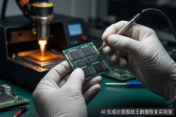 绿色防静电垫上，一双戴白手套的手正握持一块带有六颗黑色芯片的绿色电路板。右手持探针工具接触芯片，背景有一台发出橙色光芒的精密仪器。