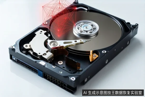 白色背景上平放一块打开外壳的机械硬盘，可见盘片、主轴和磁头臂，盘片上方叠加红色线框网络光效，右下角有固定标识。
