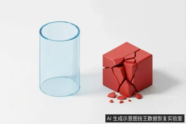 画面左侧为一个透明蓝色圆柱体,右侧为一个正在碎裂的红色立方体,周围散落着碎片。该图像通过几何体的破碎与完整对比,抽象地象征了数据完整性受损、硬件故障或系统崩溃的概念。