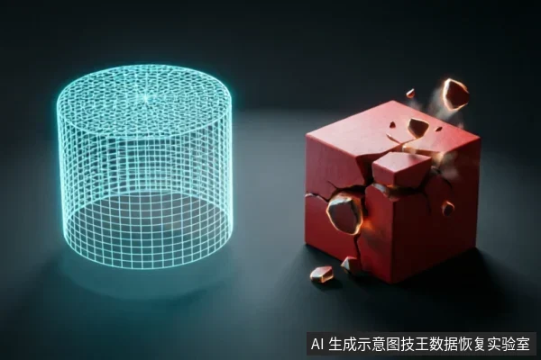 画面左侧为一个发光的青色线框圆柱体,象征数字化存储结构;右侧为一个正在崩裂破碎的红色实体方块,碎片飞溅并伴有内部光效。该图通过实体崩塌与虚拟网格的对比,直观表现了数据介质损坏或逻辑结构崩溃的状态。