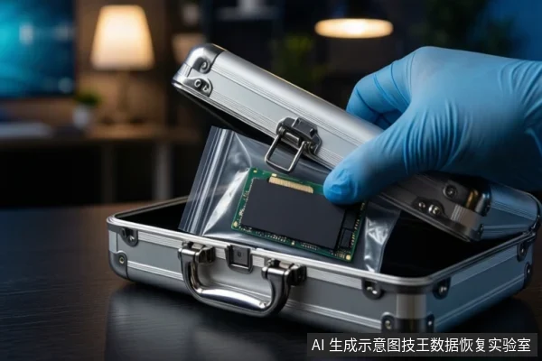 深色桌面上,一只戴蓝色手套的手正从打开的银色金属防震箱中取出装有绿色M.2固态硬盘的透明自封袋,背景为模糊的室内灯光。