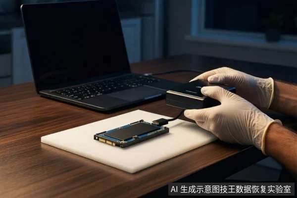 木质桌面上,戴白手套的双手正持握一个黑色接口盒,左侧白色垫子上平放一块M.2固态硬盘,硬盘通过线缆连接至接口盒,背景为模糊的室内环境。
