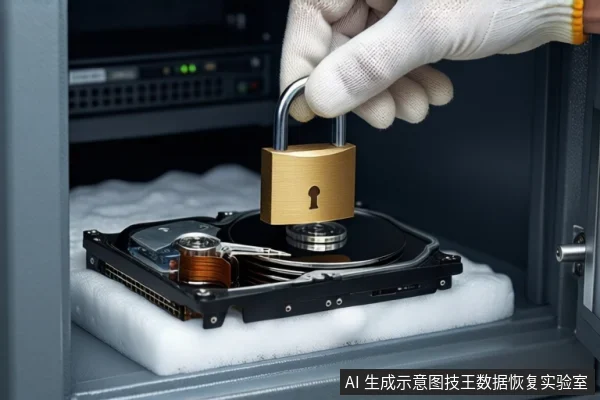 灰色保险柜内,一块裸露的机械硬盘平放在白色泡沫垫上。上方一只戴白色手套的手正握持一把黄铜色挂锁,将其悬停在硬盘主轴电机上方。