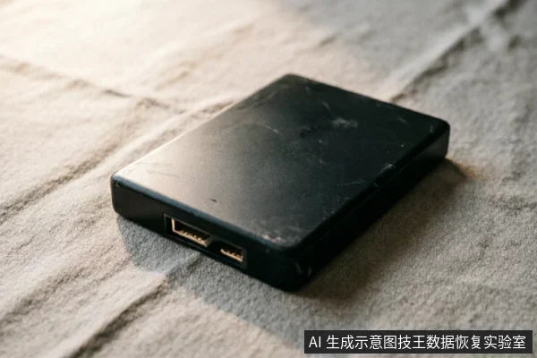 一个黑色的移动硬盘放置在灰色纹理织物上,侧面可见USB接口,外壳表面布满划痕与磨损痕迹,呈现出陈旧的使用状态。