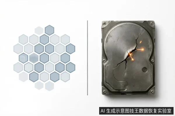 左侧为蓝白相间的六边形网格图案,象征数据逻辑结构;右侧为一个表面严重破裂并伴有内部电火花的金属硬盘,象征物理介质损坏。