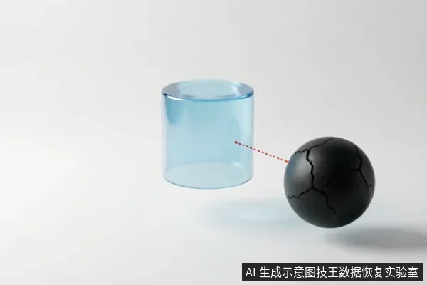 画面展示了一个半透明蓝色圆柱体和一个表面布满裂纹的黑色球体,两者之间有一条红色虚线相连。黑色球体象征受损或故障的存储介质,蓝色圆柱体代表系统识别状态,红线示意两者间的关联或数据读取路径。