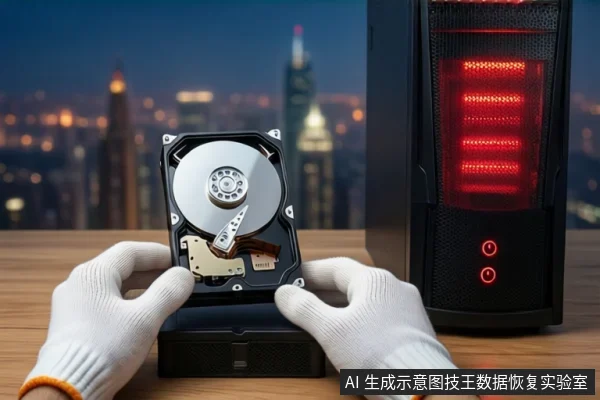 木质桌面上,戴白手套的双手正持握一块打开外壳的机械硬盘,右侧竖立一台亮着红色灯光的黑色塔式主机,背景为模糊的城市夜景。