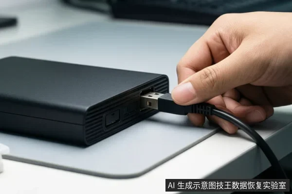 一只手正将USB数据线插入黑色外置硬盘的接口，设备放置在浅色桌面上。