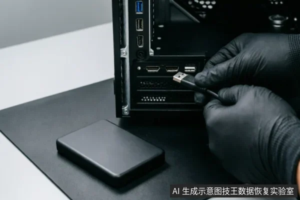 戴着黑色防静电手套的专业人员正在将数据线连接至台式机后置接口,旁边桌面上放置着一个黑色移动硬盘,展示了专业数据恢复或硬件检测的规范操作场景。