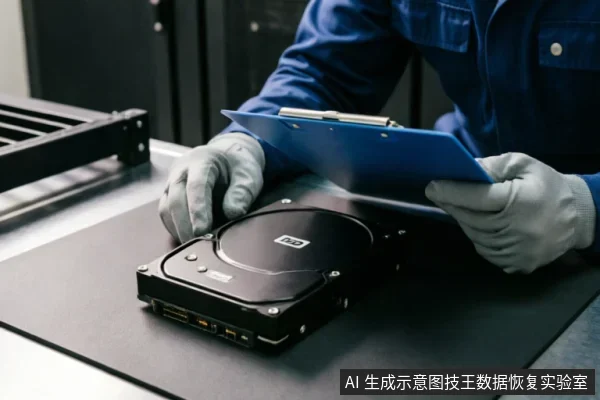 一名身穿蓝色工装、佩戴防静电手套的技术人员,正在检查放置在黑色防静电垫上的WD机械硬盘。他一手按住硬盘,另一手拿着蓝色写字板记录设备状态,背景可见服务器机柜,展现了专业数据恢复检测场景。
