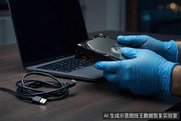 深色木桌上,左侧是一台银色笔记本电脑,中间盘绕着一根黑色USB线缆。右侧一双戴蓝色手套的手正持握一块打开外壳的机械硬盘。背景为模糊的室内环境。