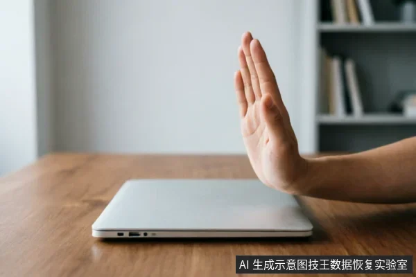一只手掌在闭合的笔记本电脑前做出停止手势,示意立即中断操作。背景为模糊的书架,强调在存储设备异常时停止写入、避免进一步数据损坏的紧急保护措施。