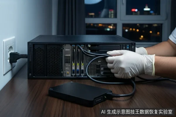 木质桌面上平放一台黑色多盘位存储设备，左侧电源线已插入墙壁插座。前景平放一个黑色移动硬盘，一双戴白色手套的手正握持连接两者的黑色线缆。背景为模糊的城市夜景窗户。