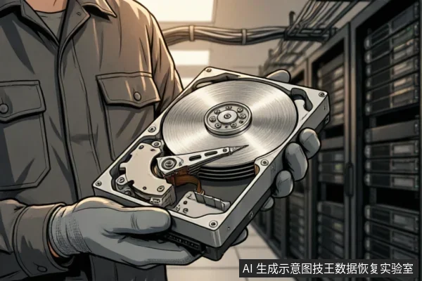 一名身穿工装并佩戴防静电手套的技术人员,在服务器机房背景下双手托举着一块已打开上盖的机械硬盘。画面清晰展示了内部的磁盘盘片、磁头臂及读写头等核心组件结构。