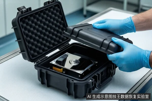 白色桌面上,一个打开的黑色防震箱内固定着一块机械硬盘。一双戴蓝色手套的手正握持防震箱的盖子,准备将其合上。背景为模糊的实验室环境。