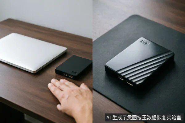 左图展示木质桌面上放置的银色笔记本电脑与黑色移动硬盘,一只手正伸向设备;右图为带有WD标志及斜纹设计的黑色移动硬盘特写。图片直观呈现了文中讨论的外部存储设备及其连接场景。
