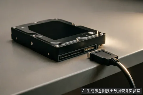 一张黑色机械硬盘放置在灰色桌面上,其SATA数据接口已连接上一根黑色数据线,展示了硬件物理连接的排查场景。