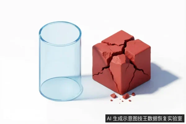 画面展示了一个透明玻璃圆柱体与一个表面布满裂纹、正在崩解的红色立方体并排置于白色背景上。红色方块象征脆弱且受损的存储介质,暗示数据恢复中需避免进一步物理破坏或不当操作导致的数据丢失风险。