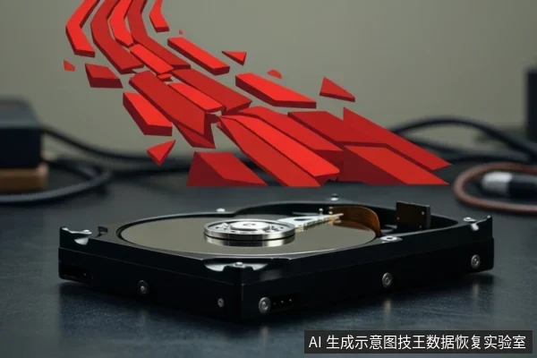 画面展示了一块打开的机械硬盘,盘片和磁头组件清晰可见,放置在深色桌面上。硬盘上方有红色碎片状图形悬浮,背景有模糊的线缆和设备。