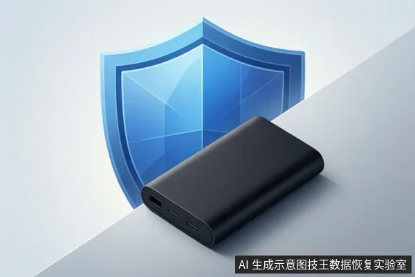画面中有一个黑色的移动固态硬盘,背景是一个蓝色的盾牌图标,象征数据保护和安全。