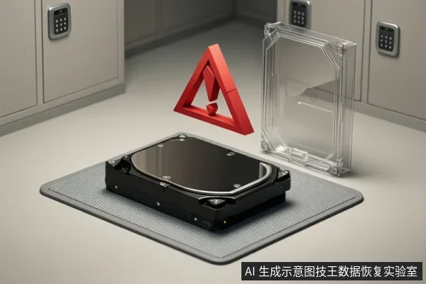 桌面上放置一块裸露的机械硬盘,旁边立着一个透明硬盘盒,上方悬浮一个红色三角形警告标志,背景为带密码锁的储物柜。
