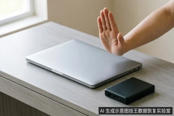 一只手掌在闭合的银色笔记本电脑前做出明确的停止手势，示意禁止操作。桌面上旁边放置着一个黑色的外接存储设备。画面直观传达了在硬盘故障时立即断电、停止写入和拒绝自行尝试修复的紧急警示。
