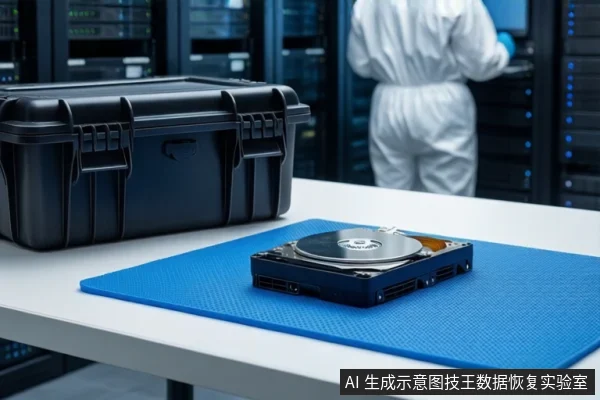 白色桌面上,蓝色防静电垫上平放一块打开外壳的机械硬盘,左侧放置一个闭合的黑色防震箱。背景中一名穿白色无尘服的技术人员正背对镜头操作服务器机柜。