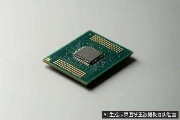 白色背景上斜放一块绿色方形电路板，中央有黑色芯片，板面可见焊盘与走线。