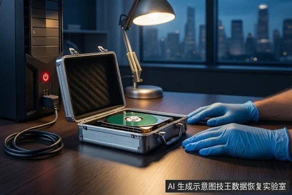 深色桌面上,左侧有一台亮着红灯的黑色塔式主机和盘绕线缆,中间为打开的银色防震箱,箱内平放一块可见绿色盘片的机械硬盘,右侧一双戴蓝色手套的手平放在桌面上,背景为模糊的城市夜景和台灯。