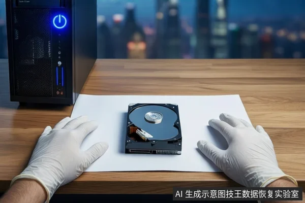 木质桌面上,戴白手套的双手平放在白色纸张两侧,中间平放一块打开外壳的机械硬盘,左侧竖立一台亮着蓝色电源按钮的黑色塔式主机,背景为模糊的城市夜景。