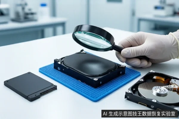白色桌面上铺着蓝色防静电垫,中间平放一块闭合的黑色机械硬盘。右侧一双戴白手套的手正握持一个放大镜,悬停在硬盘上方。左侧平放一块黑色固态硬盘,右下角是一块打开外壳的机械硬盘。背景是模糊的实验室环境。