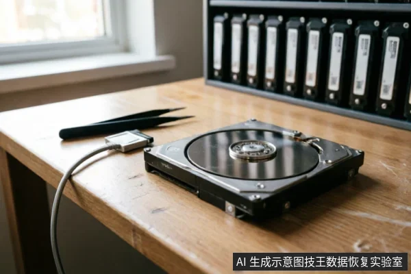木质工作台上放置着一块已连接数据线的机械硬盘,旁边有一把黑色防静电镊子。背景模糊处可见一排安装在机架中的硬盘阵列。画面展示了专业数据恢复或硬件检测的工作场景。
