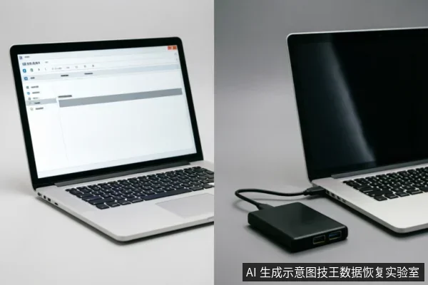 画面分为左右两部分。左侧展示一台银色笔记本电脑，屏幕亮起并显示着类似文件管理或磁盘管理的软件界面；右侧展示同一款笔记本侧面连接着一个黑色外接硬盘盒或扩展坞，通过线缆相连。