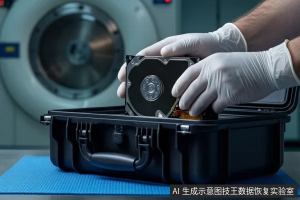 蓝色防静电垫上放置一个打开的黑色防震箱,一双戴白色手套的手正握持一块裸露的机械硬盘,将其悬停在防震箱上方。背景为模糊的圆形金属洁净设备。