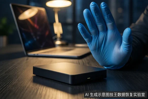 深色木桌上平放一个黑色外接硬盘盒,左侧有一台银色笔记本电脑,右侧有一盏亮着的台灯。前景一只戴蓝色手套的手掌张开,做出停止手势。背景是模糊的城市夜景窗户。