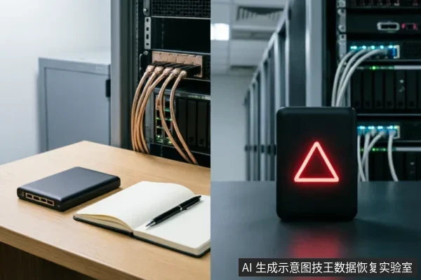 左图展示木质桌面上放置的黑色移动硬盘、打开的记事本与笔,背景为连接着网线的服务器机柜;右图为带有红色发光三角形警示标志的黑色设备置于深色台面,背景模糊可见服务器机架。
