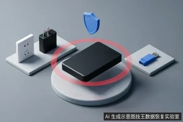 画面中心展示一个黑色移动硬盘,周围环绕红色警示圈及蓝色盾牌图标。左侧配有电源插座和适配器,右侧放置蓝色USB接口,直观呈现外置硬盘的供电连接与数据安全防护概念。