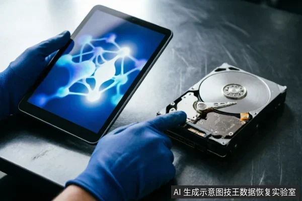 画面展示了一双戴着蓝色防静电手套的手，一手托举显示抽象网络光效的平板电脑，另一手指向一台已打开外壳、露出磁盘与磁头组件的机械硬盘。场景体现了专业环境下的硬件检测与数据评估过程。